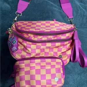 Gold blush Pink and Orange Checkered bum bag and matching wallet